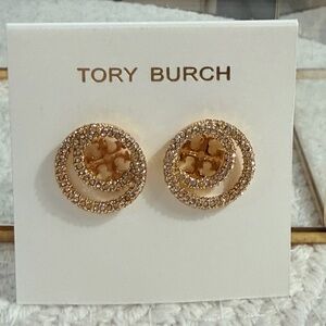 Tory Burch Miller Pavé Crystal Circle Logo Stud Earrings- New